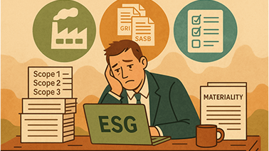 Professional experiencing ESG reporting fatigue while dealing with frameworks and materiality assessments