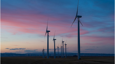 Wind turbines at sunset representing scope 1 emissions